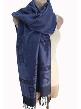 Paris Eiffel Tower Blue Scarf 72x24" Fringe Acrylic Viscose Souvenir Tourist